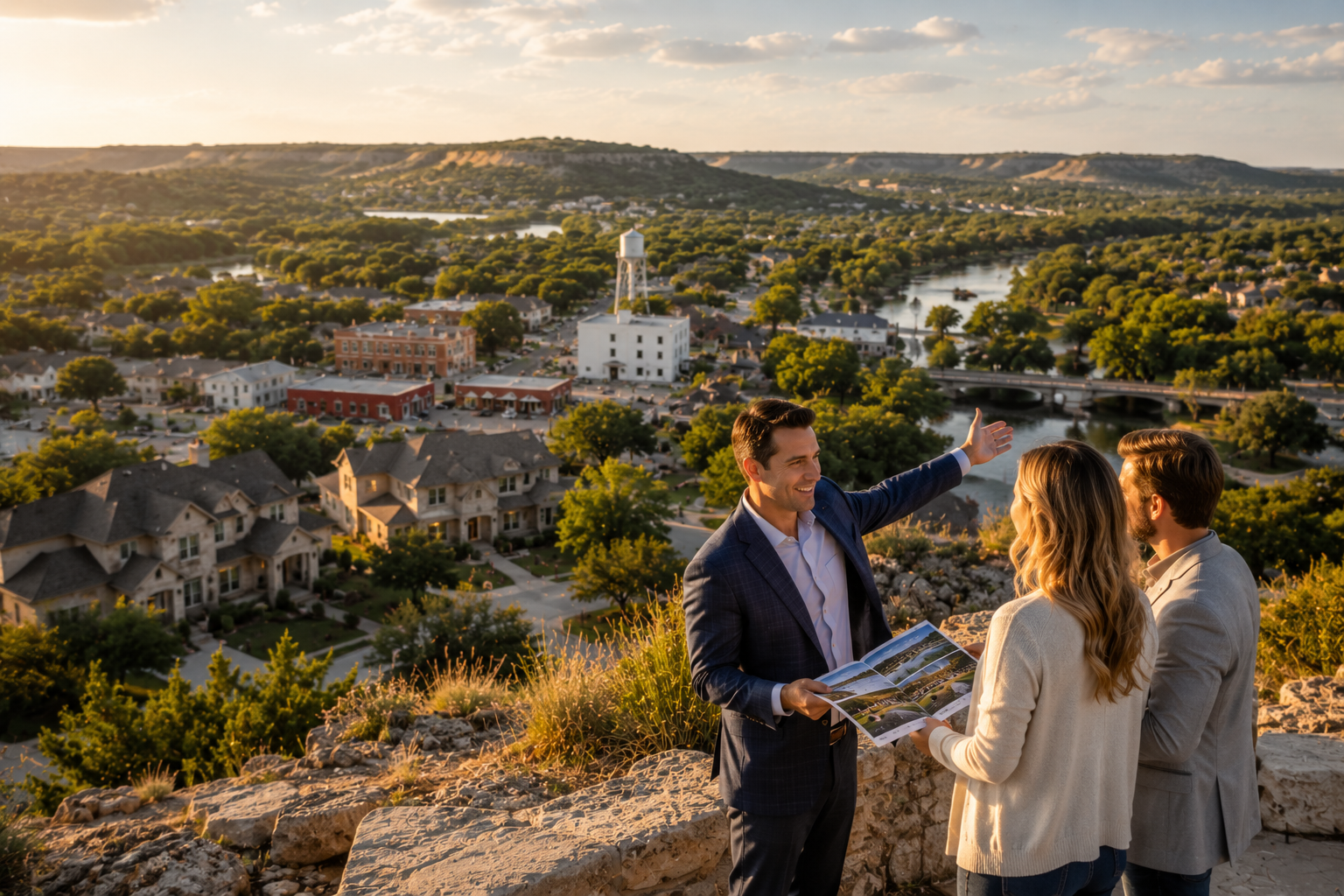 Cinematic editorial photograph of a New Braunfels neighborhood street at golden hour.